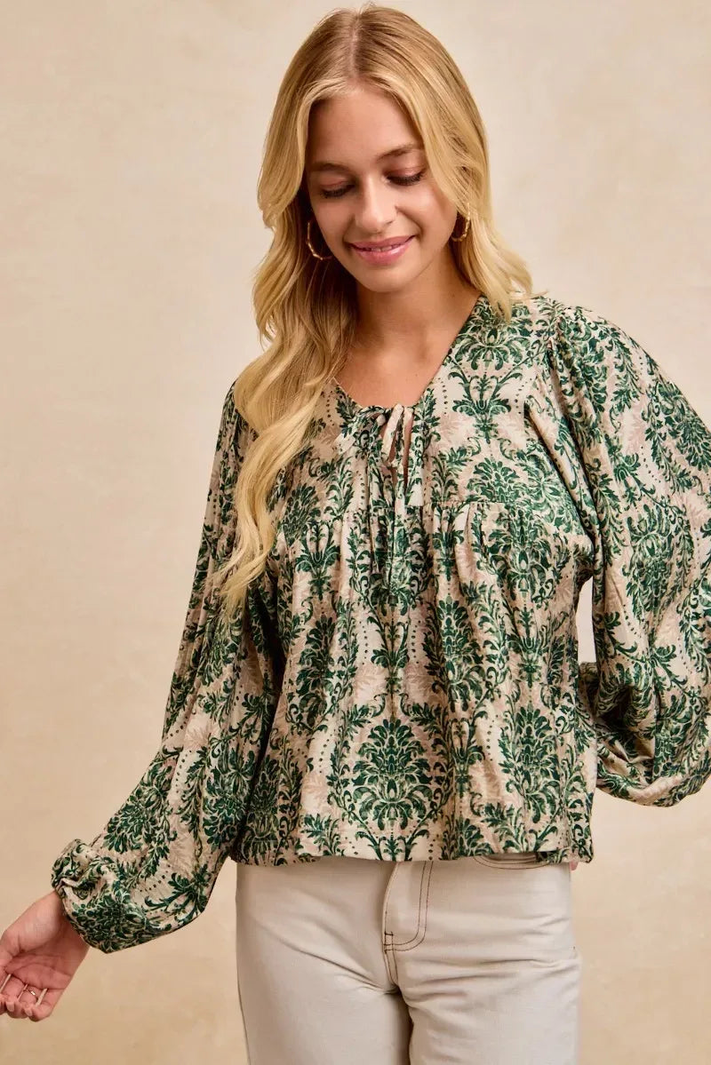 BiBi Printed Woven Front Tied Blouse with Baloon Sleeve - DAVERRI FASHIONS