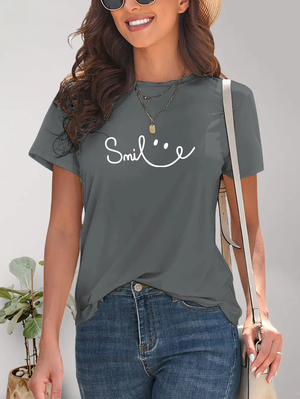 Charcoal gray SMILE Round Neck T-Shirt with smiley face design