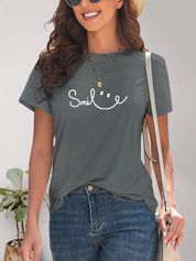 Charcoal gray SMILE Round Neck T-Shirt with smiley face design