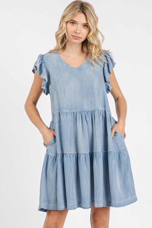 Mittoshop V-Neck Ruffled Cap Sleeve Mini Dress LT DENIM