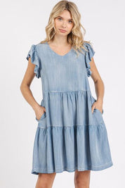 Mittoshop V-Neck Ruffled Cap Sleeve Mini Dress LT DENIM S Mini Dresses