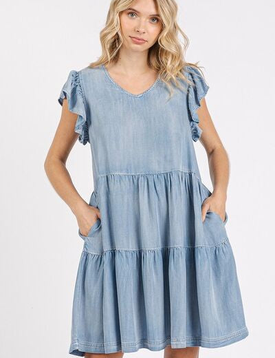 Mittoshop V-Neck Ruffled Cap Sleeve Mini Dress LT DENIM S Mini Dresses