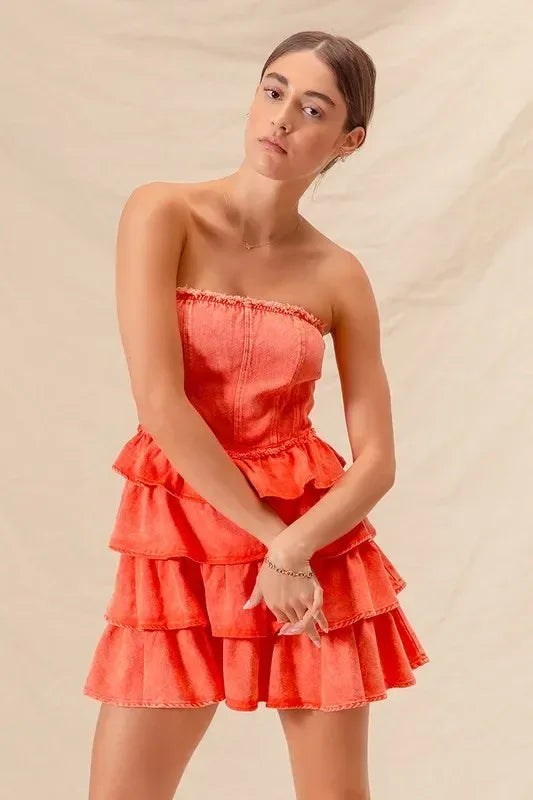 SO ME Strapless Ruffle Layered Game Day Cheer Up Dress - DAVERRI FASHIONS
