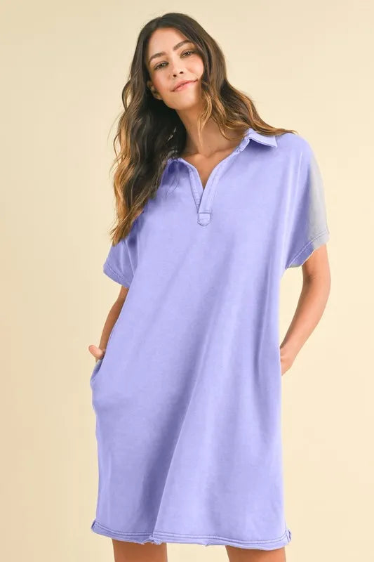 Annie Wear Mineral Washed Johnny Collar Short Sleeve Dress Blue Purple
