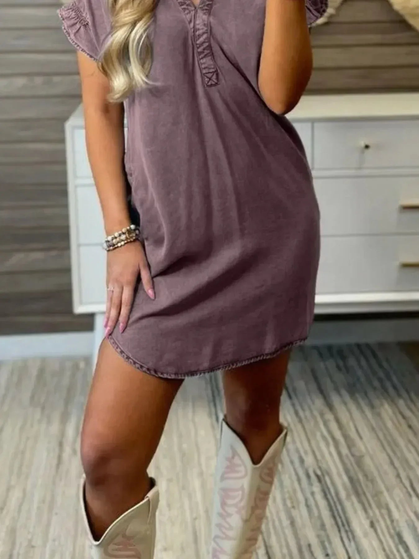 Full Size V-Neck Short Sleeve Denim Dress Plus Size - DAVERRI FASHIONS