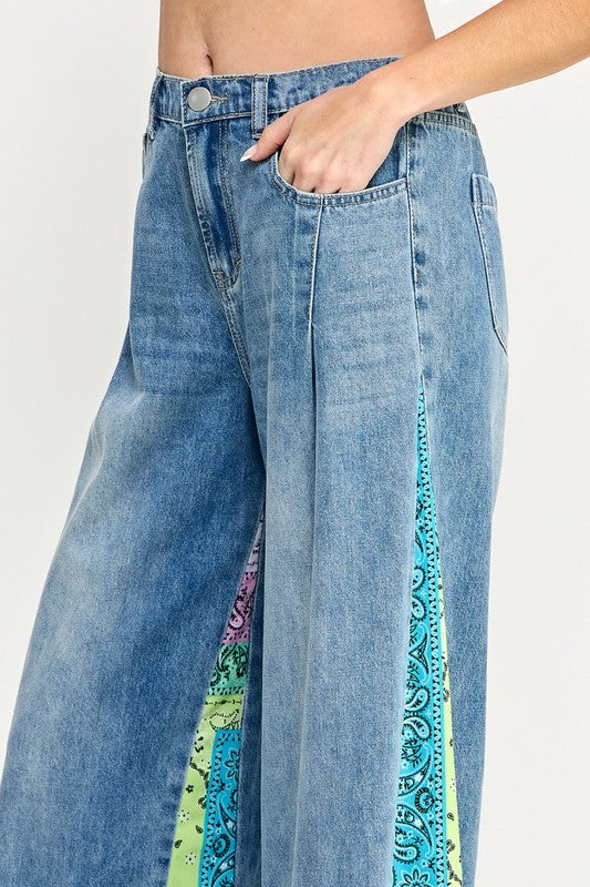 SAGE + FIG Raw Hem Paisley Print Side Wide Leg Jeans Jeans