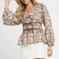 Umgee Floral Smocked Peplum Blouse with Tie Detail LT. BROWN Blouses