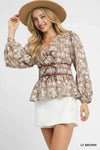 Umgee Floral Smocked Peplum Blouse with Tie Detail - DAVERRI FASHIONS