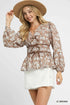 Umgee Floral Smocked Peplum Blouse with Tie Detail LT. BROWN Blouses