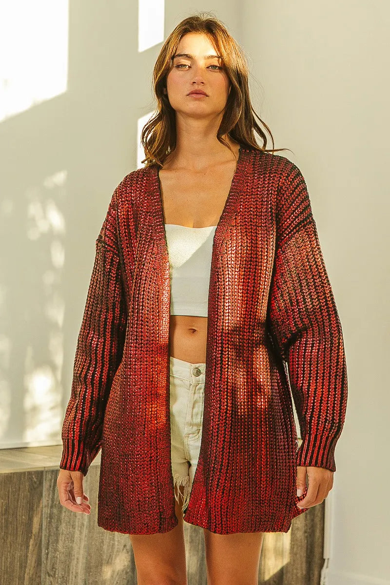 BiBi metallic knit V-neck open sweater cardigan in textured red gradient