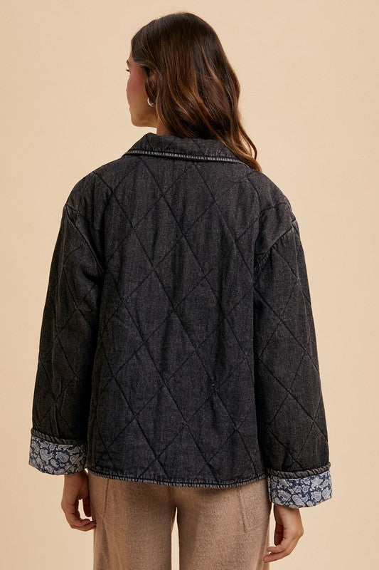 Annie Wear Quilted Printed Lining Snap Down Denim Jacket Tops