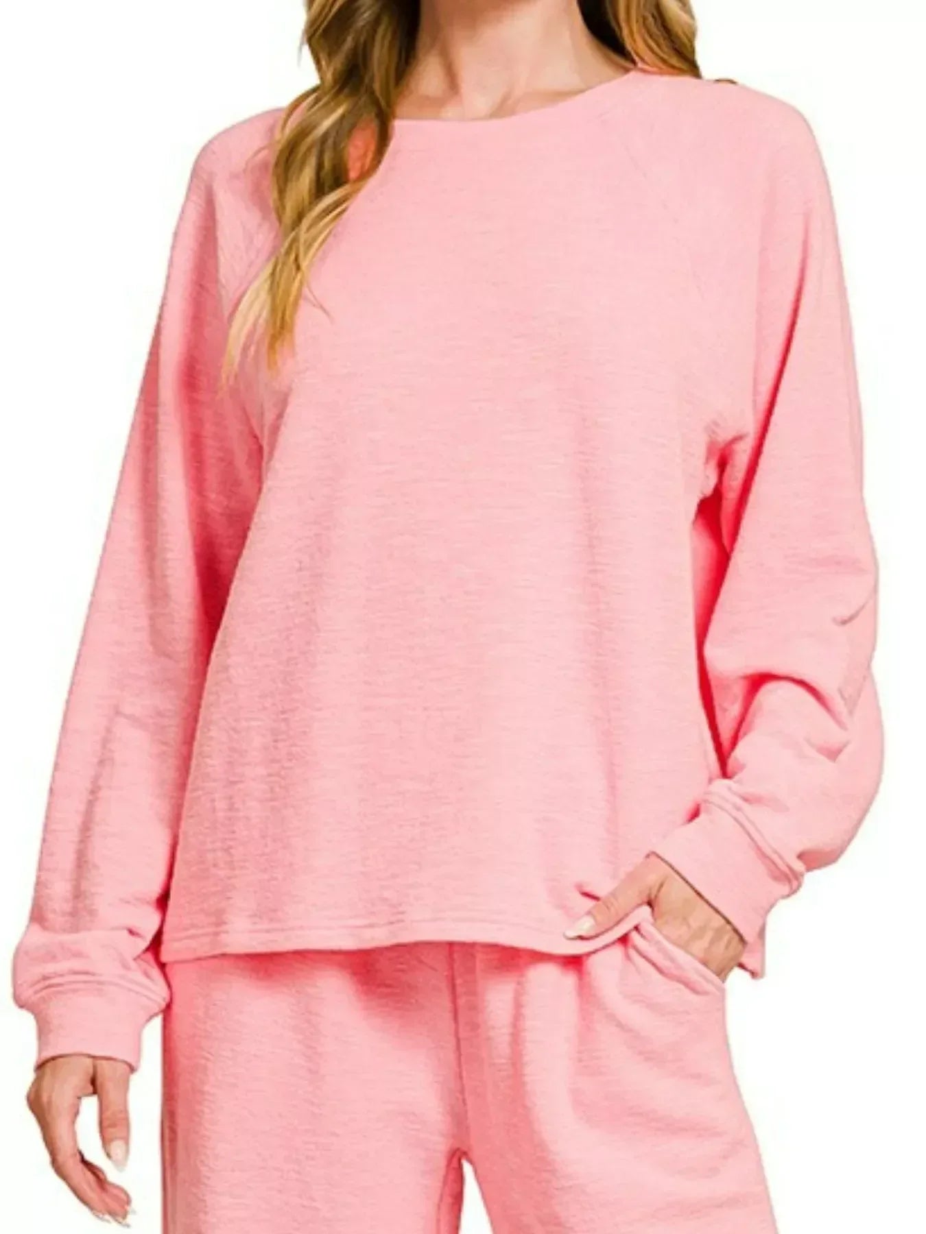 Zenana Slub Long Sleeve Top and Pants Lounge Set Pink - DAVERRI FASHIONS