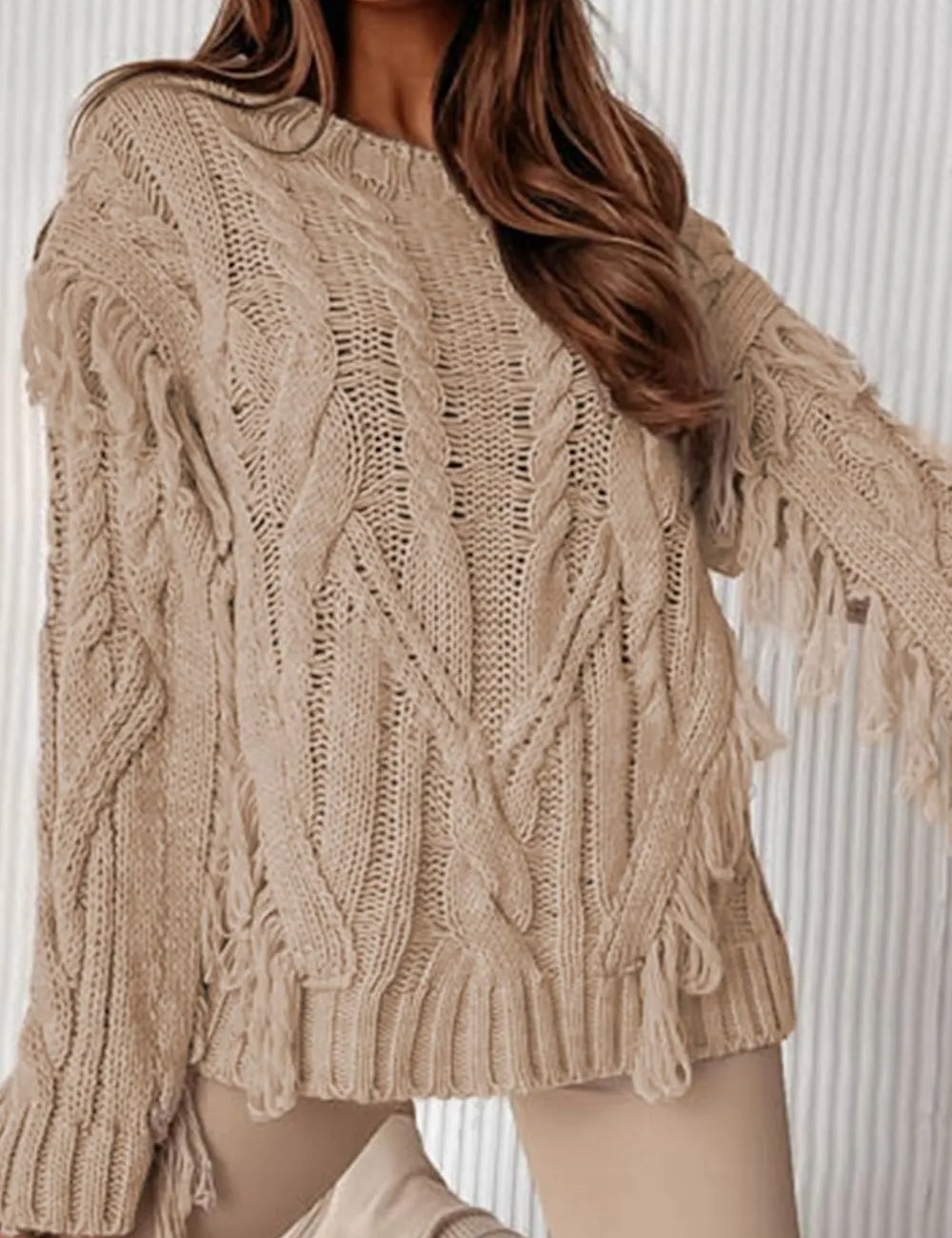 Cable Knit Fringe Round Neck Long Sleeve Sweater | Daverri Fashions