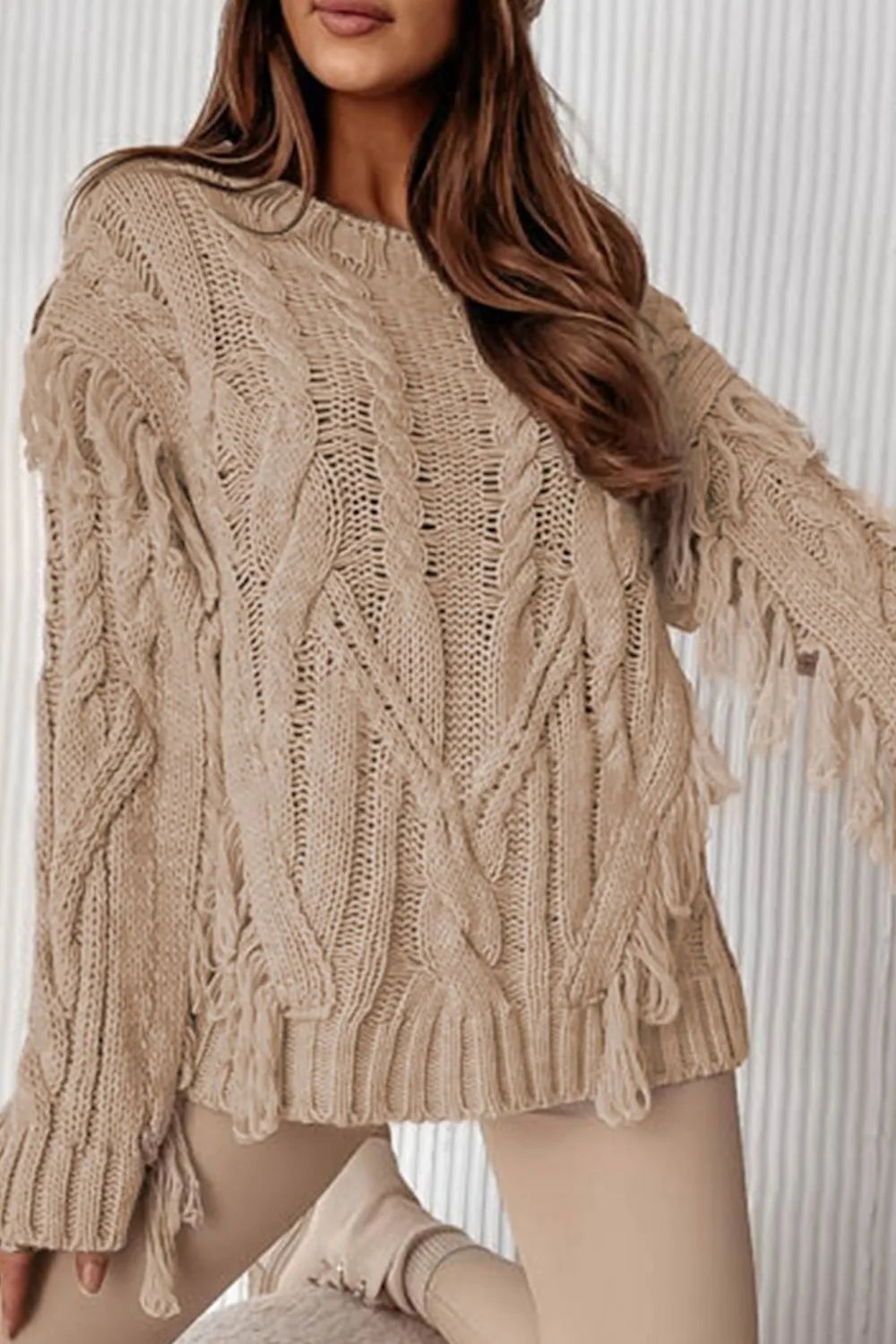 Cable Knit Fringe Round Neck Long Sleeve Sweater | Daverri Fashions