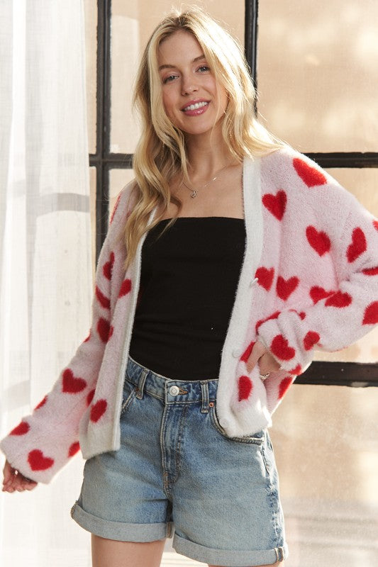 ADORA Fuzzy Heart Button Down Cardigan Tops