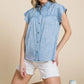 Lime 'N' Chili Mineral Wash Flutter Sleeve Button Down Shirt LT DENIM S