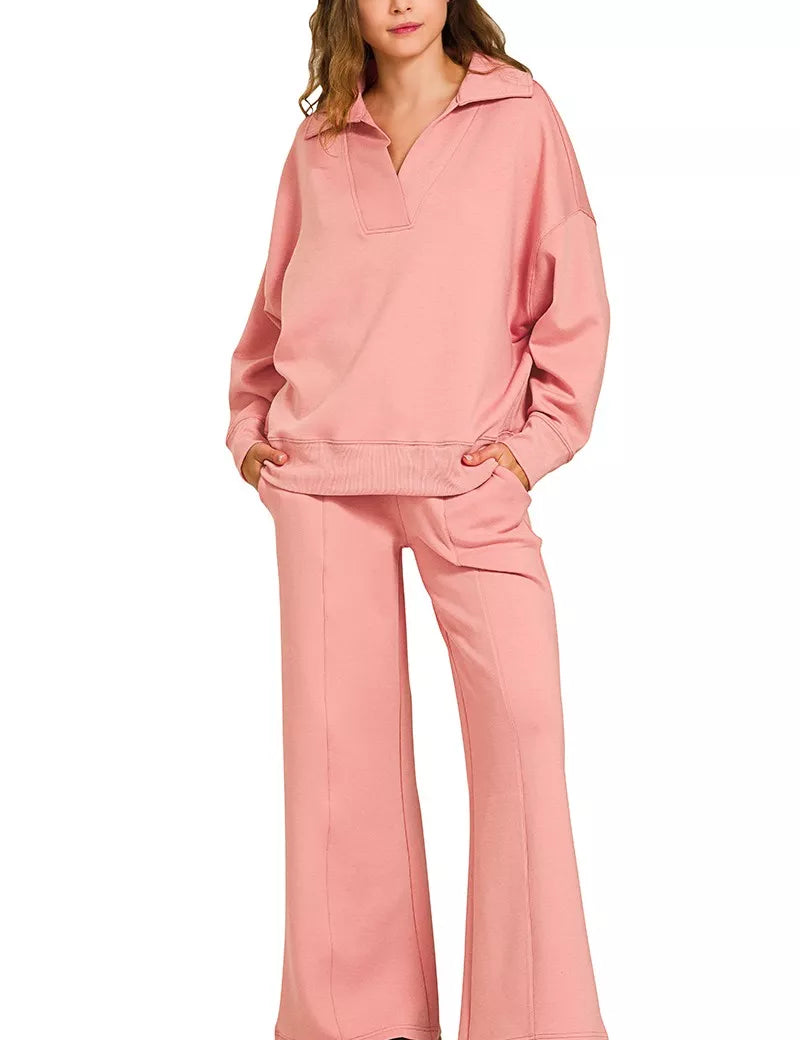 TAN ROSE Zenana Scuba Collared Pullover and Pants Set | Loungewear Sets Daverri Fashions