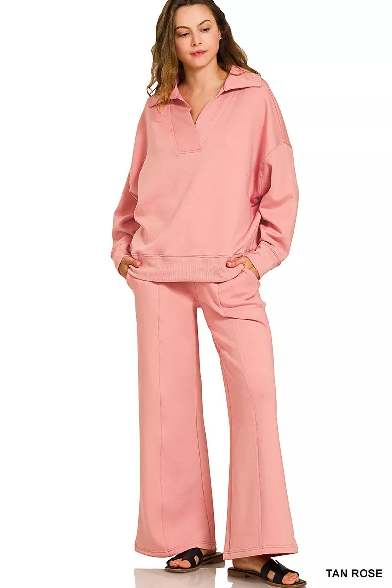 TAN ROSE Zenana Scuba Collared Pullover and Pants Set | Loungewear Sets Daverri Fashions