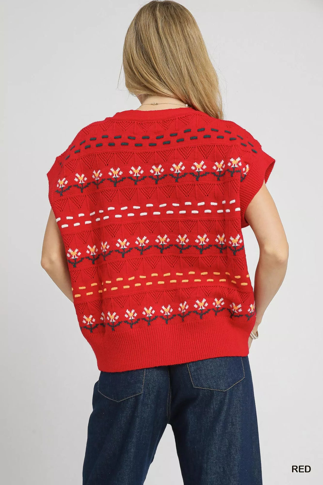 Umgee Button-Down Knit Vest with Floral Pattern | Daverri Fashions