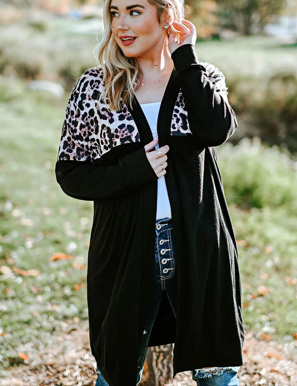 Leopard Plus Size Open Front Dropped Shoulder Cardigan | Cardigans Daverri Fashions