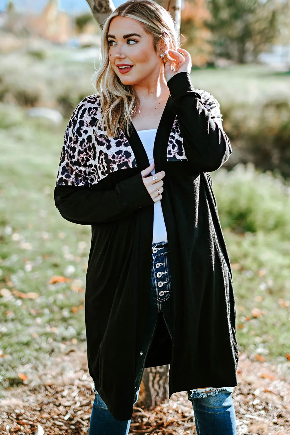 Leopard Plus Size Open Front Dropped Shoulder Cardigan | Cardigans Daverri Fashions