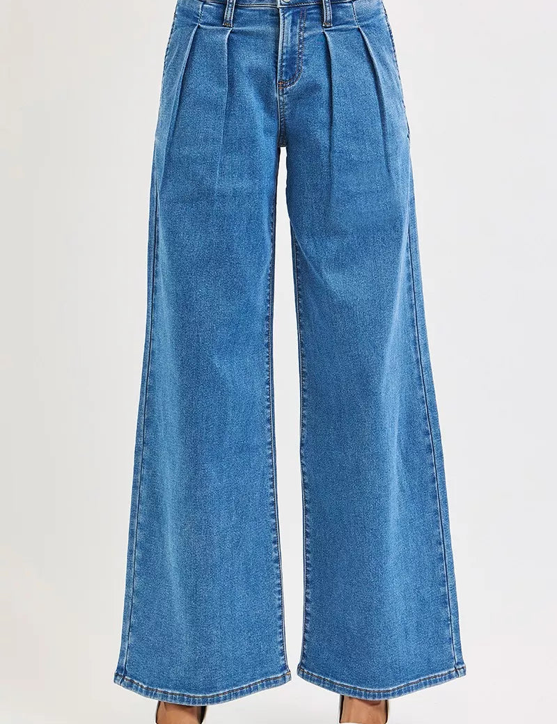 RISEN Full Size Mid Rise Fit Wide Leg with Pleated Detail Jeans Plus Size | Jeans Daverri Fashions