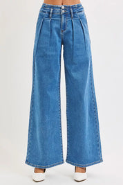 RISEN Full Size Mid Rise Fit Wide Leg with Pleated Detail Jeans Plus Size | Jeans Daverri Fashions