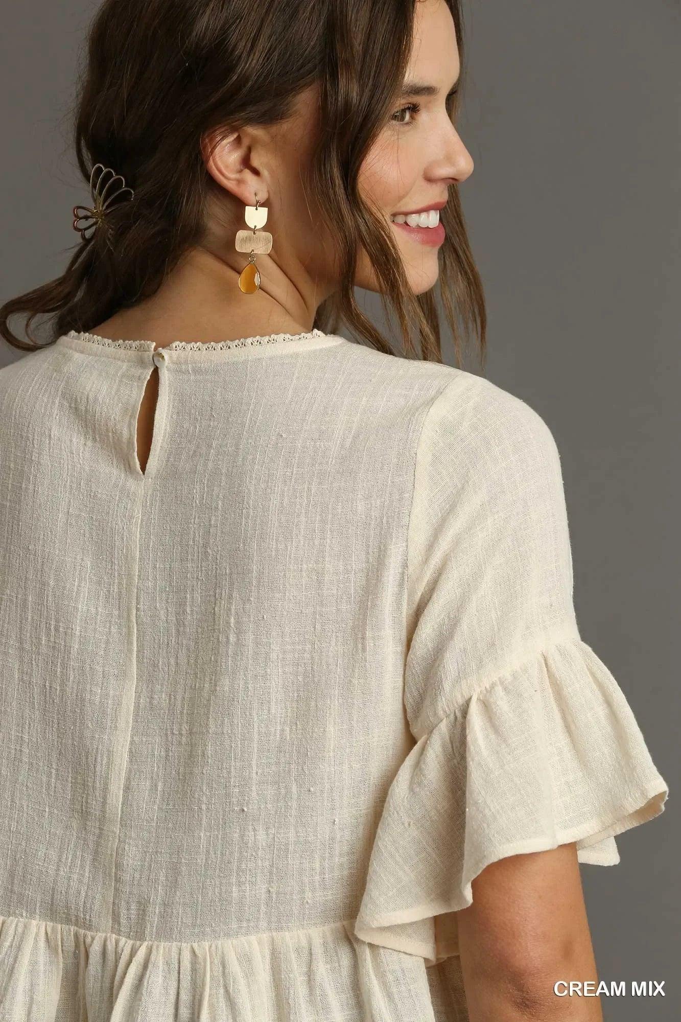 Umgee Floral Lace Trimmed Detail Half Sleeve Babydoll Top - DAVERRI FASHIONS