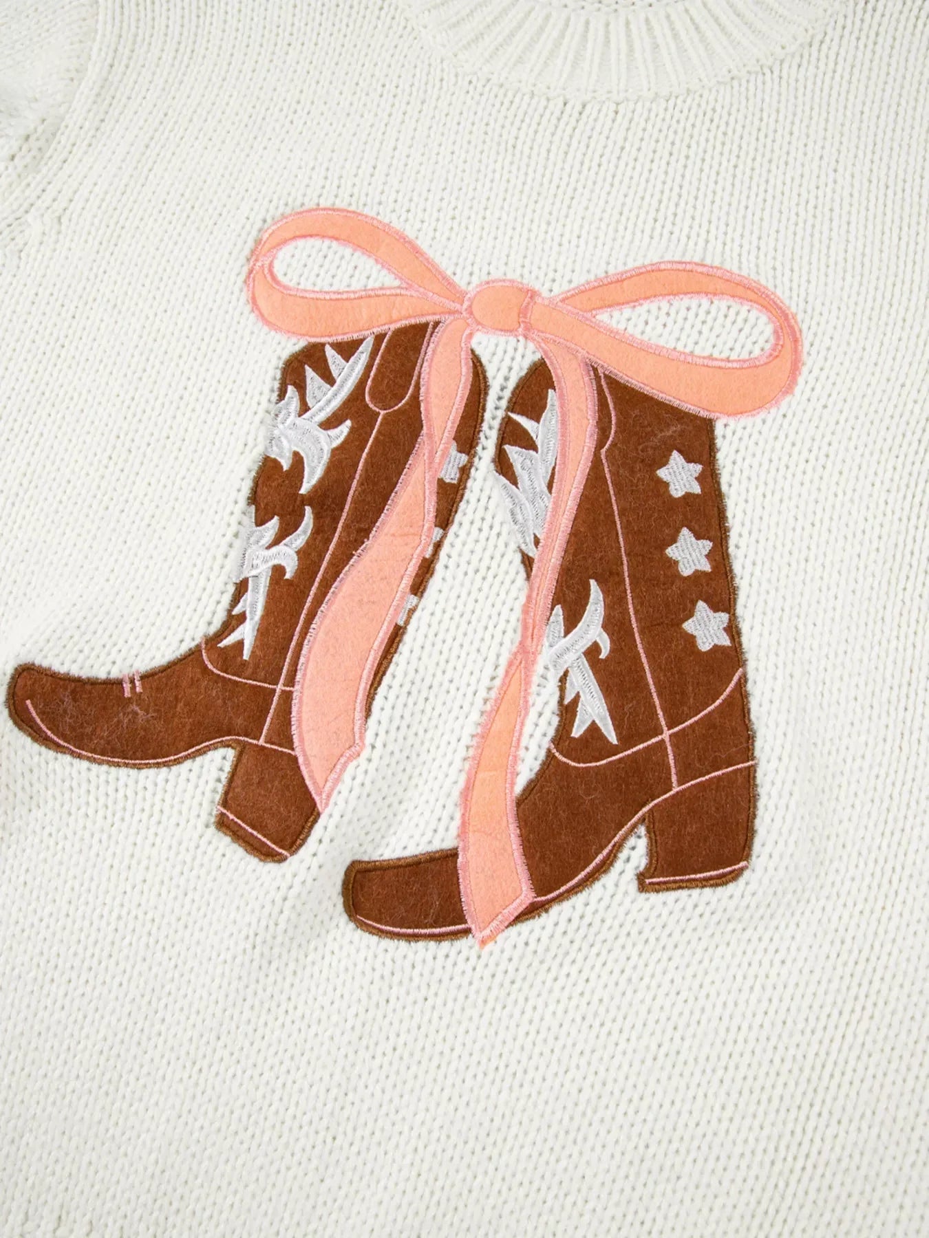 Embroidered Bow Boots Graphic Drop Shoulder Sweater - DAVERRI FASHIONS