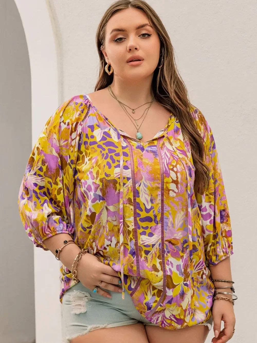 Plus size yellow purple floral print tie neck blouse with ruffles