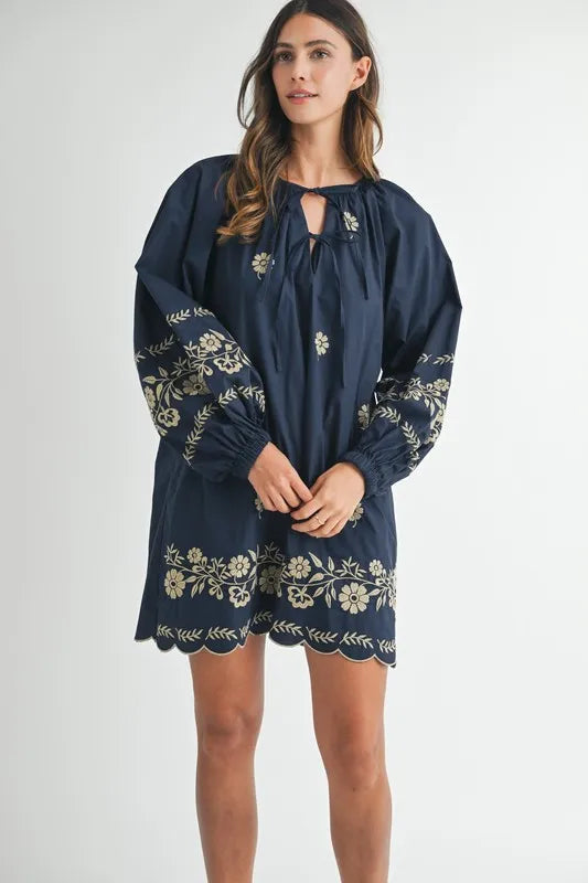 MABLE Embroidered Long Sleeve Peasant Mini Dress Mini Dresses