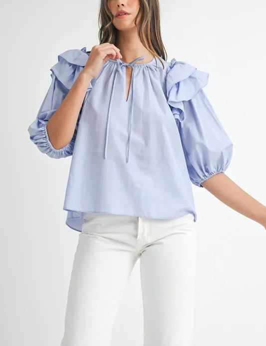 Light Blue MABLE Stripe Ruffle Shoulder Puff Sleeve Blouse | Blouses Daverri Fashions