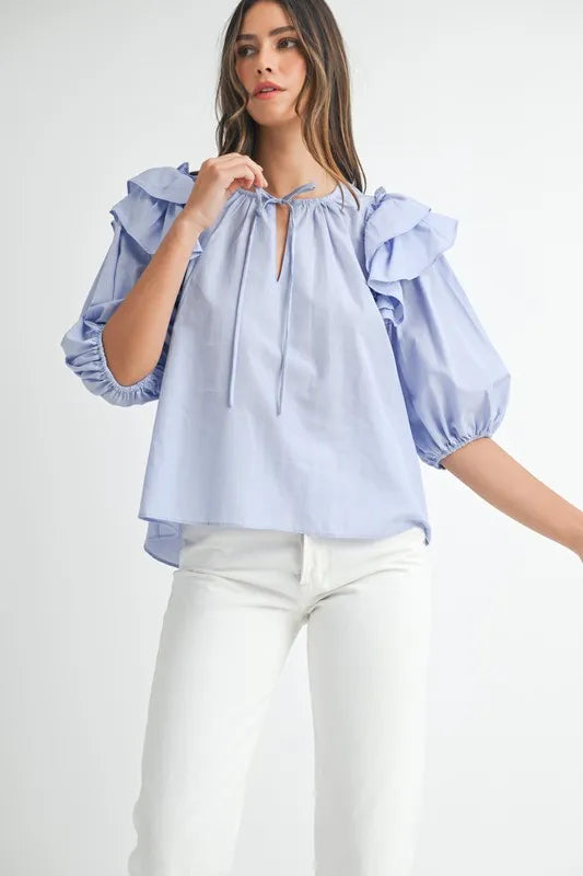 MABLE Stripe Ruffle Shoulder Puff Sleeve Blouse Light Blue Blouses