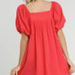 Umgee Full Size Squared Neck Puff Sleeve Mini Dress Mini Dresses
