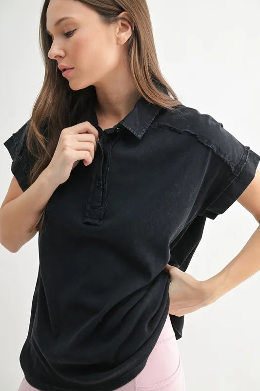 MONO B Mineral Wash Half Button T-Shirt BLACK