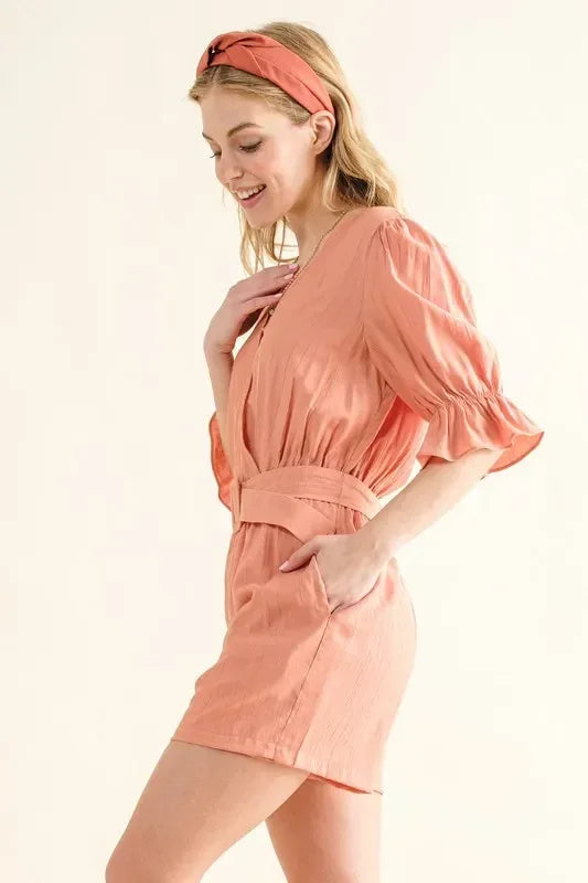 And The Why Flounce Sleeves Romper with Belt - DAVERRI FASHIONS