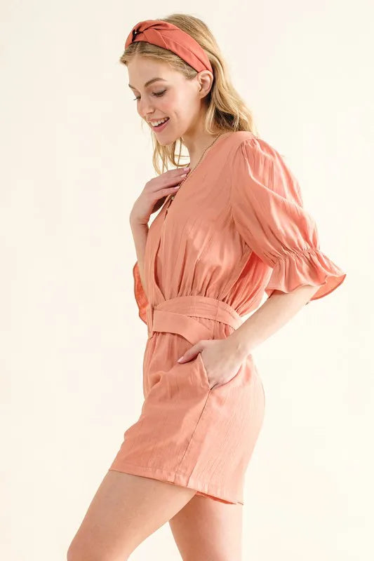 And The Why Flounce Sleeves Romper with Belt Rompers