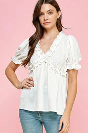 IVORY Lime 'N' Chili Solid Ruffled Deep V-Neck Puff Sleeve Babydoll Top | Tops Daverri Fashions