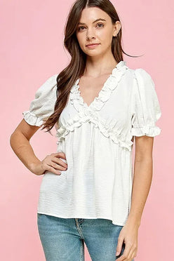 Lime 'N' Chili Solid Ruffled Deep V-Neck Puff Sleeve Babydoll Top - DAVERRI FASHIONS