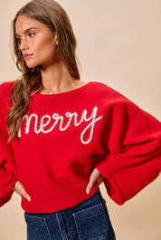 SO ME Merry Tinsel Lettering Christmas Sweater Top Red | Sweaters Daverri Fashions