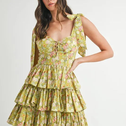 Kiwi MABLE Floral Print Shoulder Tie Layered Mini Dress | Mini Dresses Daverri Fashions