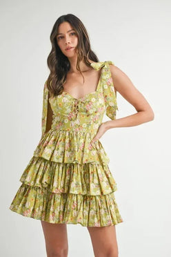 MABLE Floral Print Shoulder Tie Layered Mini Dress - DAVERRI FASHIONS