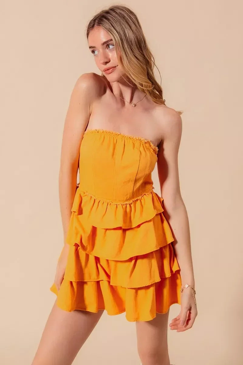 SO ME Strapless Ruffle Layered Game Day Cheer Up Dress - DAVERRI FASHIONS