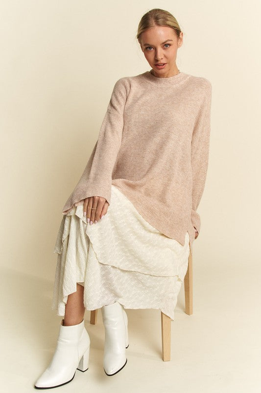 Davi & Dani High-Low Round Neck Drop Shoulder Sweater Tops