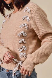 SO ME Checkered Plaid Tape Lace Up Ribbed Sweater | Daverri Fashions