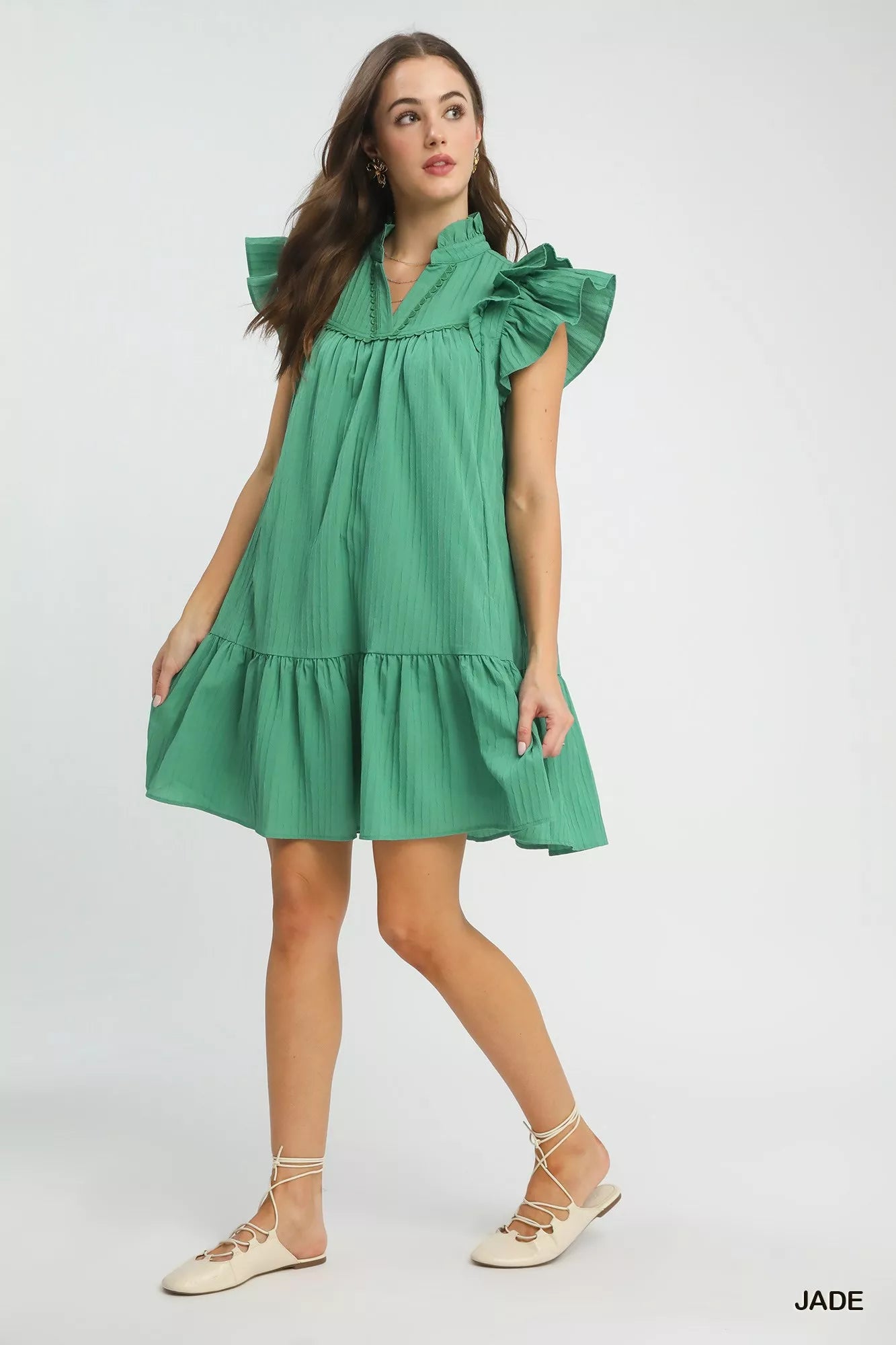 Umgee Flutter Sleeve Tiered Dress in vibrant jade green with ruffles