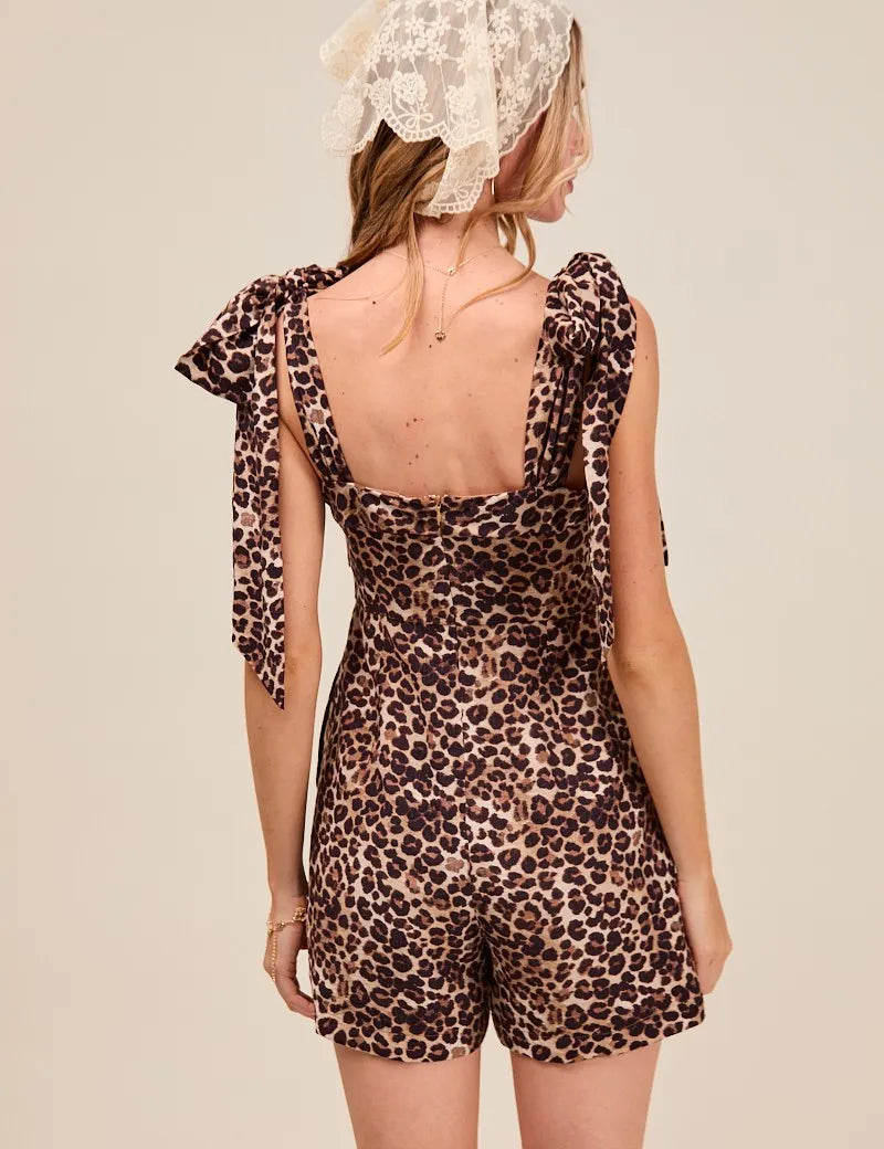 SO ME Leopard Flowy Woven Romper With Tie Straps | Rompers Daverri Fashions