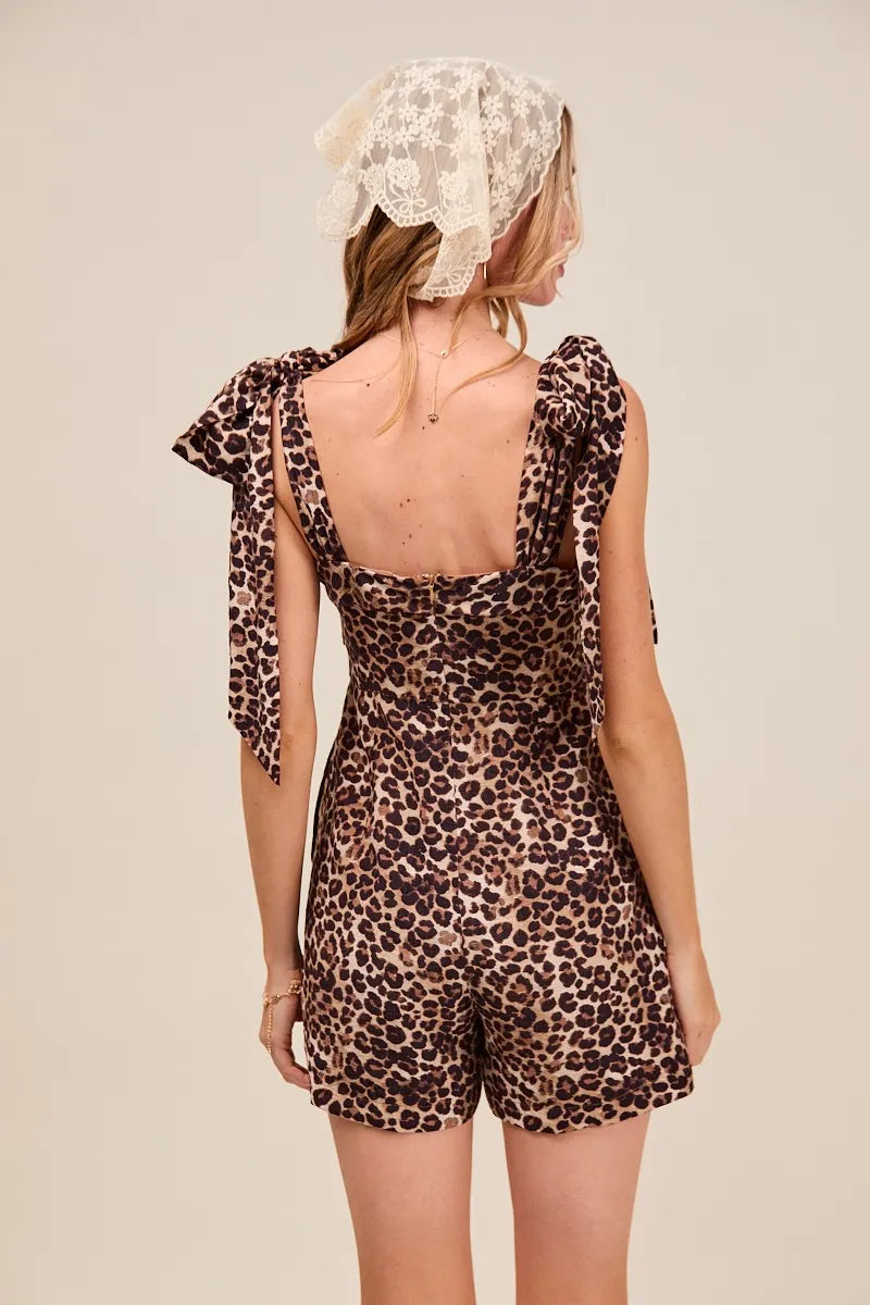 SO ME Leopard Flowy Woven Romper With Tie Straps Rompers