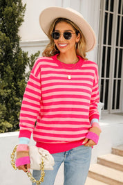 Fuchsia Angel Wings Warm Spice Striped Round Neck Sweater | Sweaters Daverri Fashions