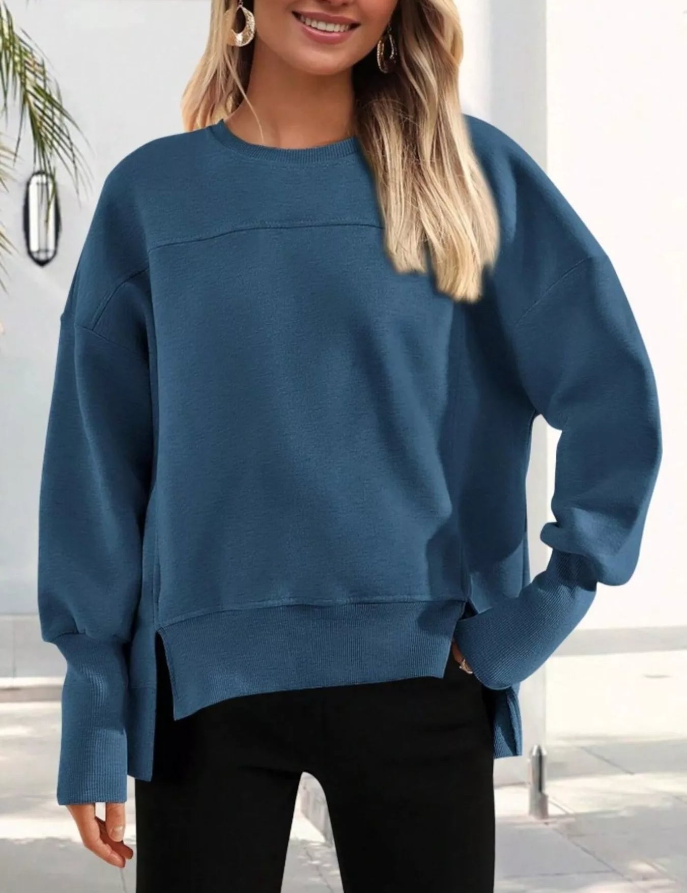 Slit Round Neck Dropped Shoulder Sweatshirt | Sweatshirts Daverri Fashions